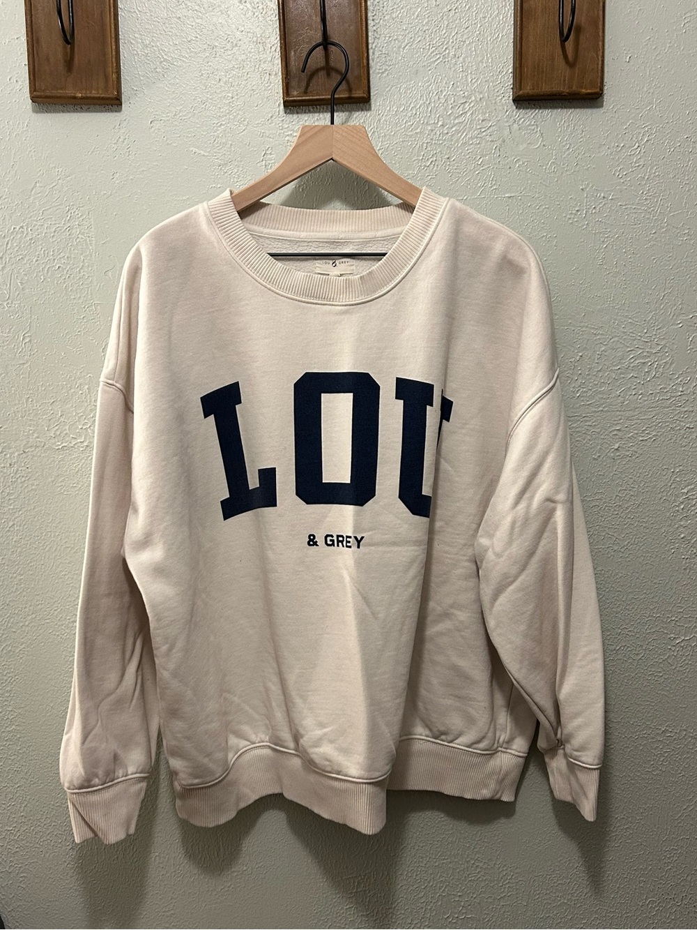 Lou & Grey Cream Crewneck with Navy Collegiate Logo